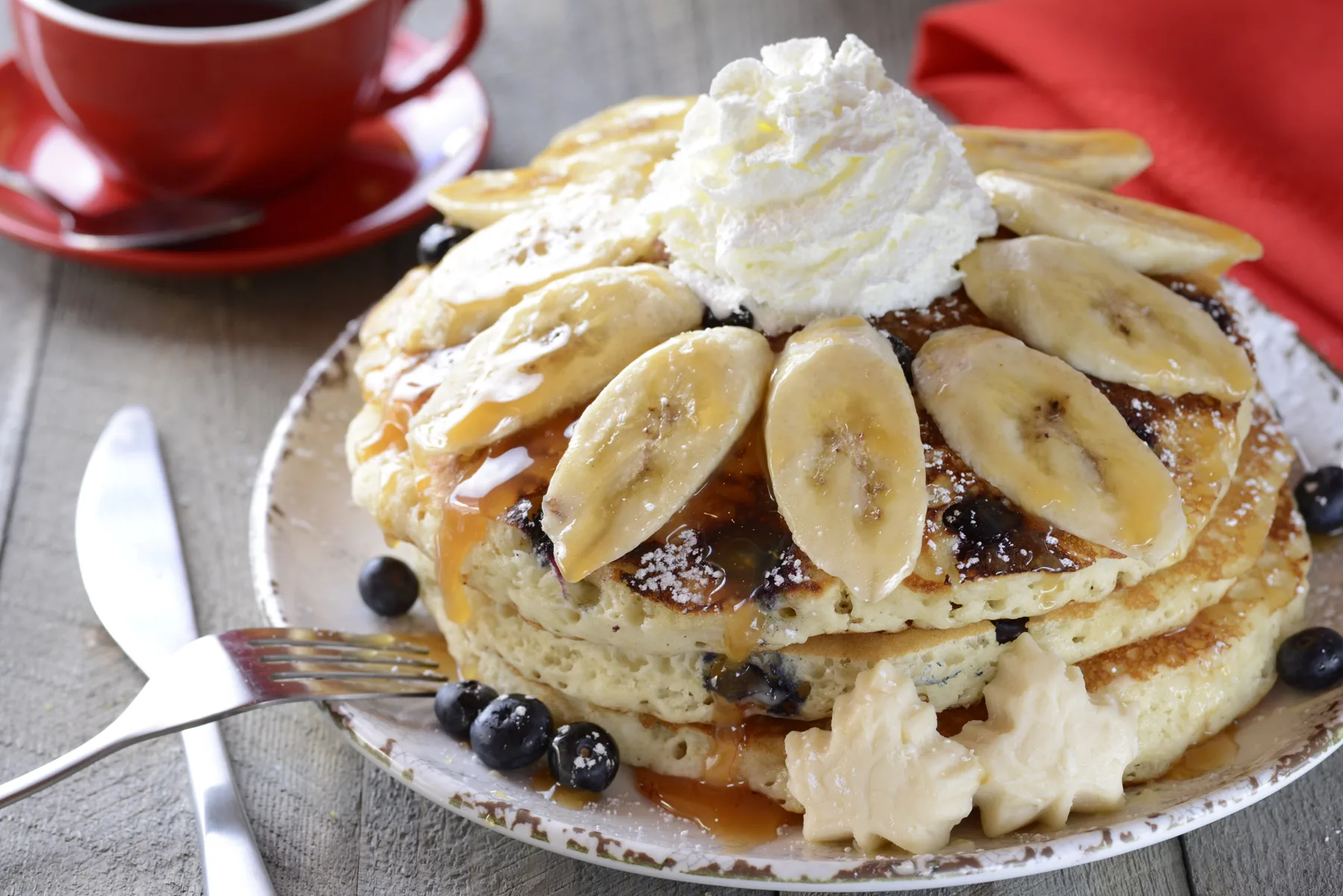 Banana blueberry triple stack pancakes