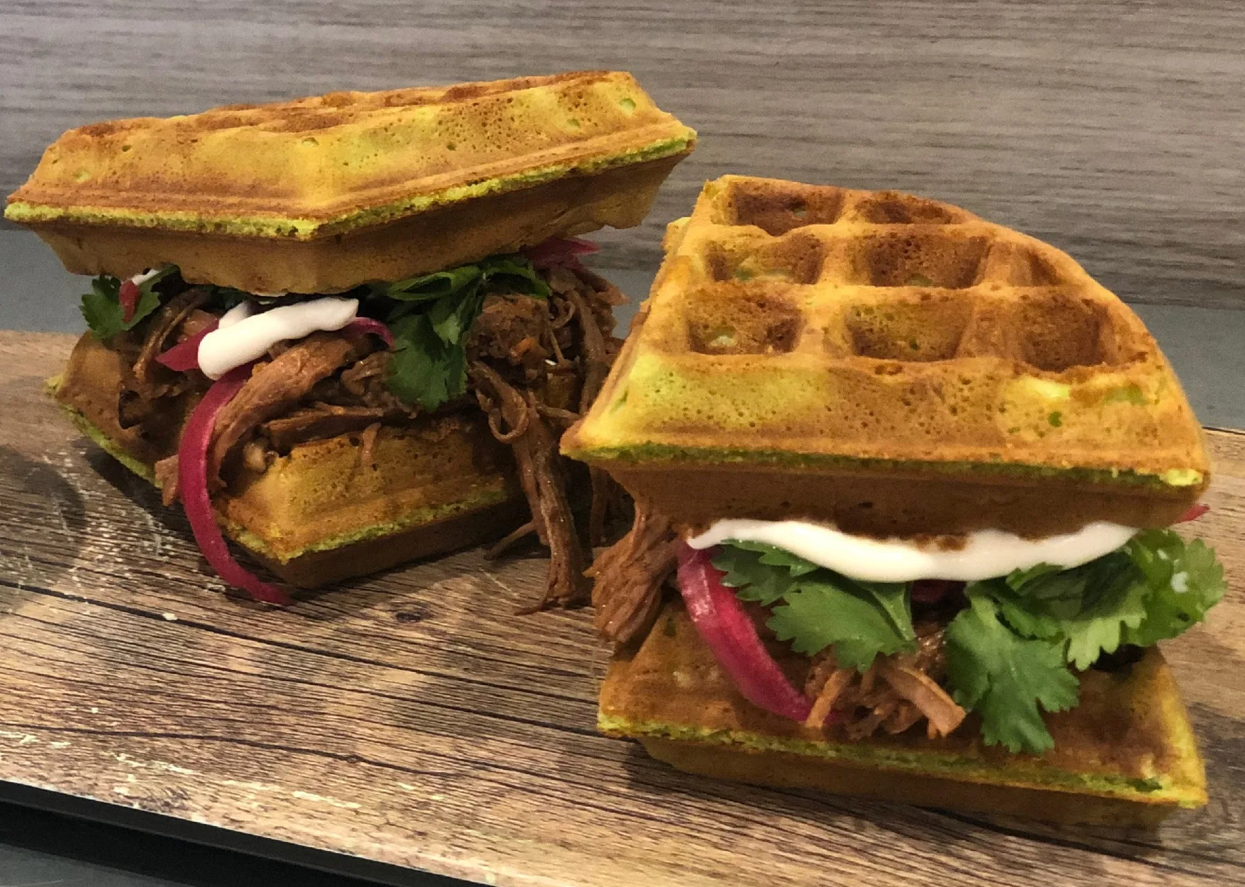 Brisket green onion wafflewich on Belgian waffles