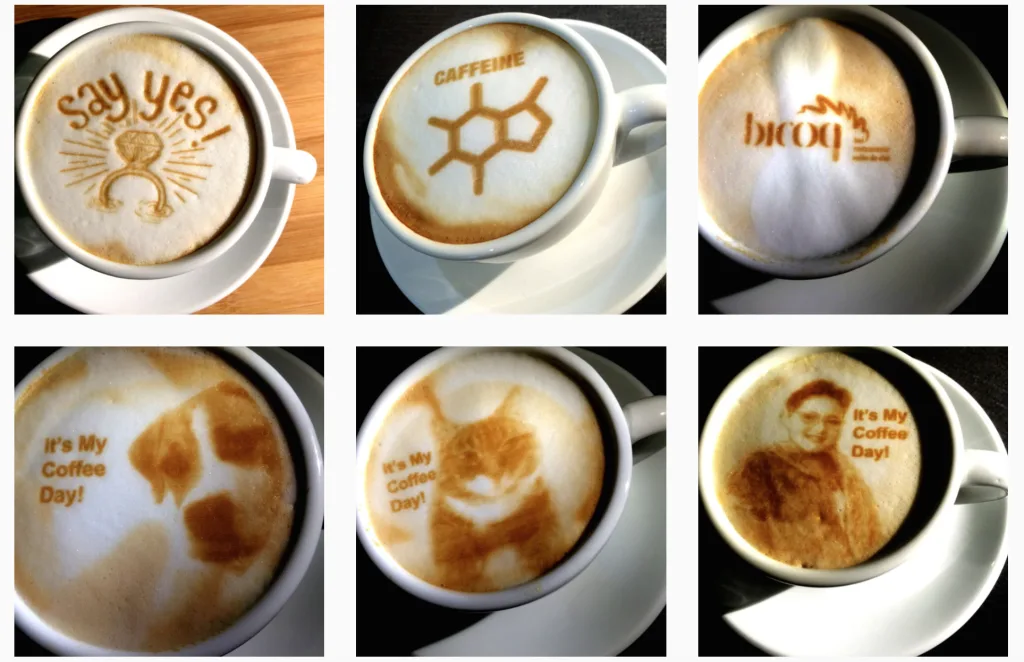 Grid of printed latte designs