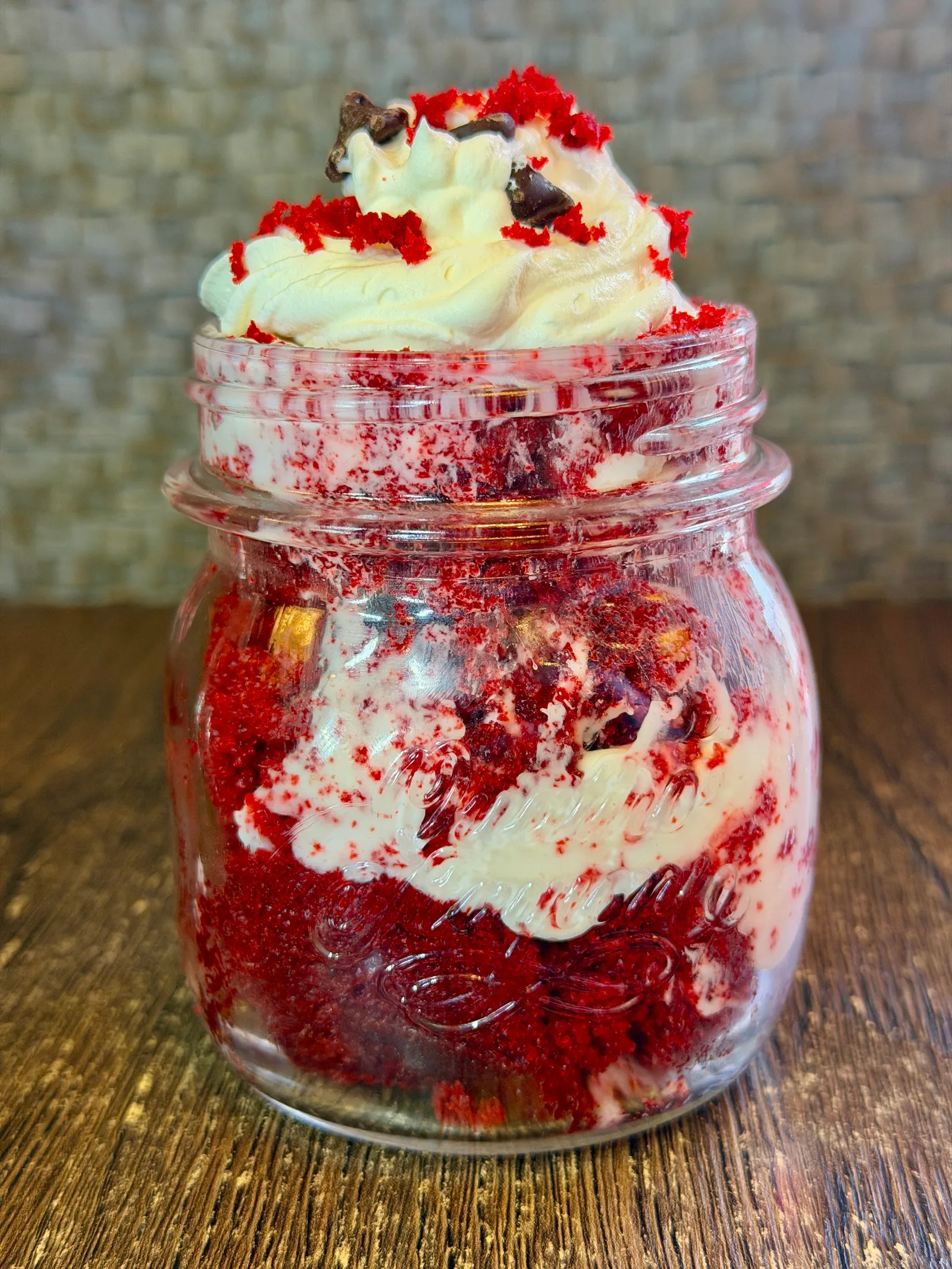 Red velvet cake, rich cream cheese, and whipped cream